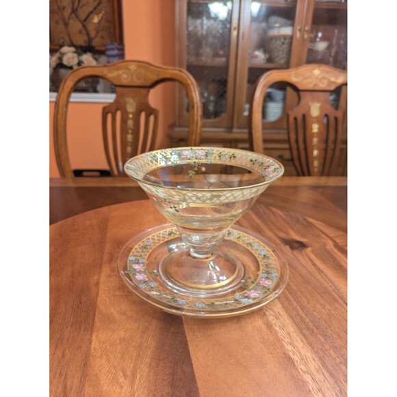 Antq Heisey Glass Gold Enameled Fruit Pattern Mayonnaise Dish & Under Plate - Picture 1 of 8